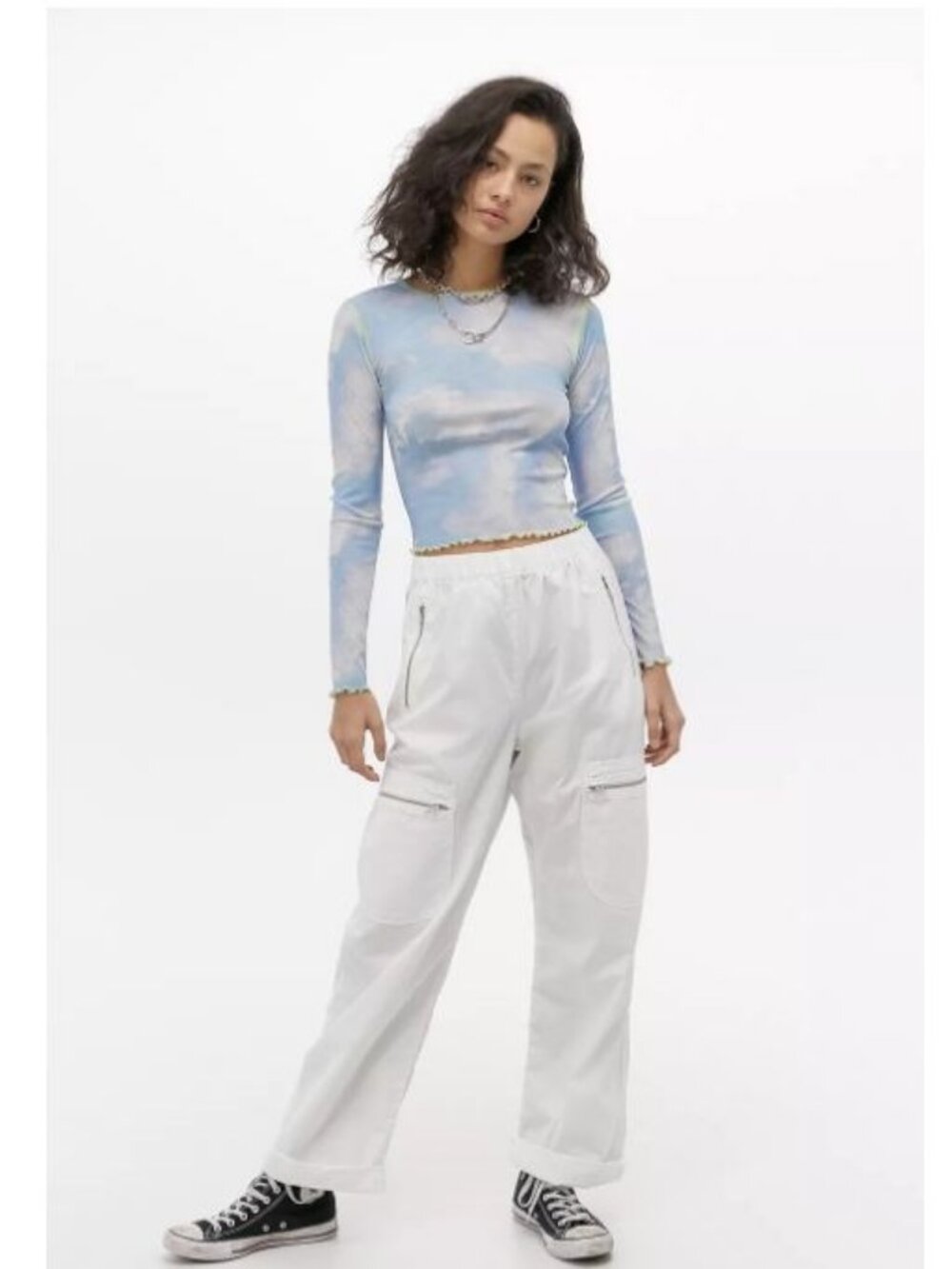 UO Urban Outfitters Cloud Print Mesh Long Sleeve Sheer Top - Medium - Blue White